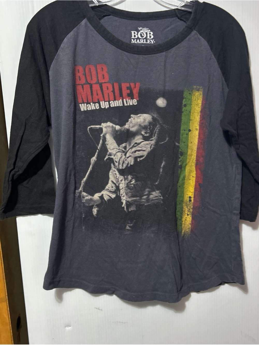 Bob Marley Kids Long Sleeve Raglan Tee in Black and Charcoal with Rasta Stripe